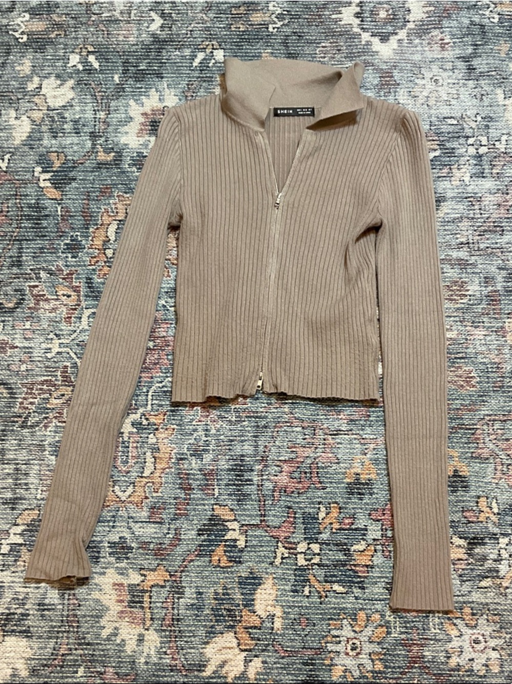 SHEIN Ribbed Zip-Front Knit Top in Taupe